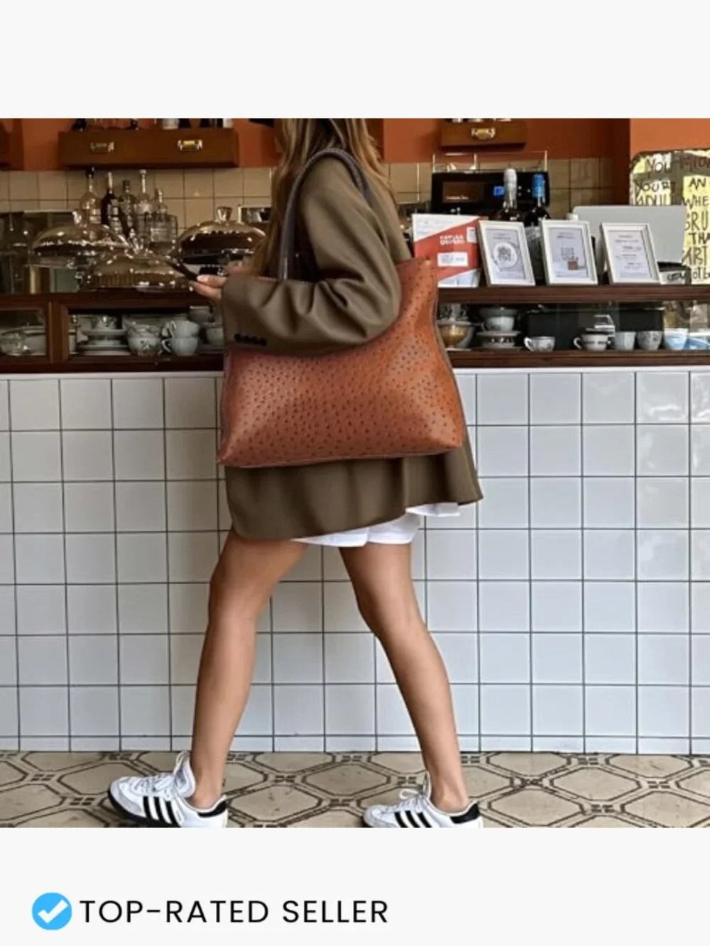 Ostrich Embossed Faux Leather Large Tote Shoulder Bag with Pouch Office Travel
